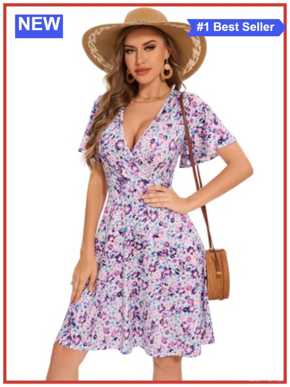 Floral Wrap Sundress Flutter Sleeve V-Neck Knee Length Summer Dress